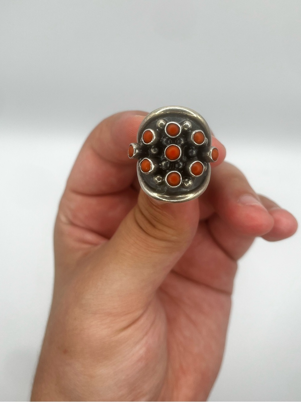 Vintage Navajo Sterling Silver Coral Cluster Ring Size 7.25
